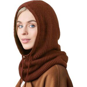 Women's Scarf Hat Balaclava Beanie Skull Cap with Drawstring Warm Hat Caramel